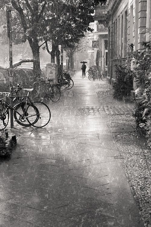 Black and white urban street scene with bicycles and wet cobblestones