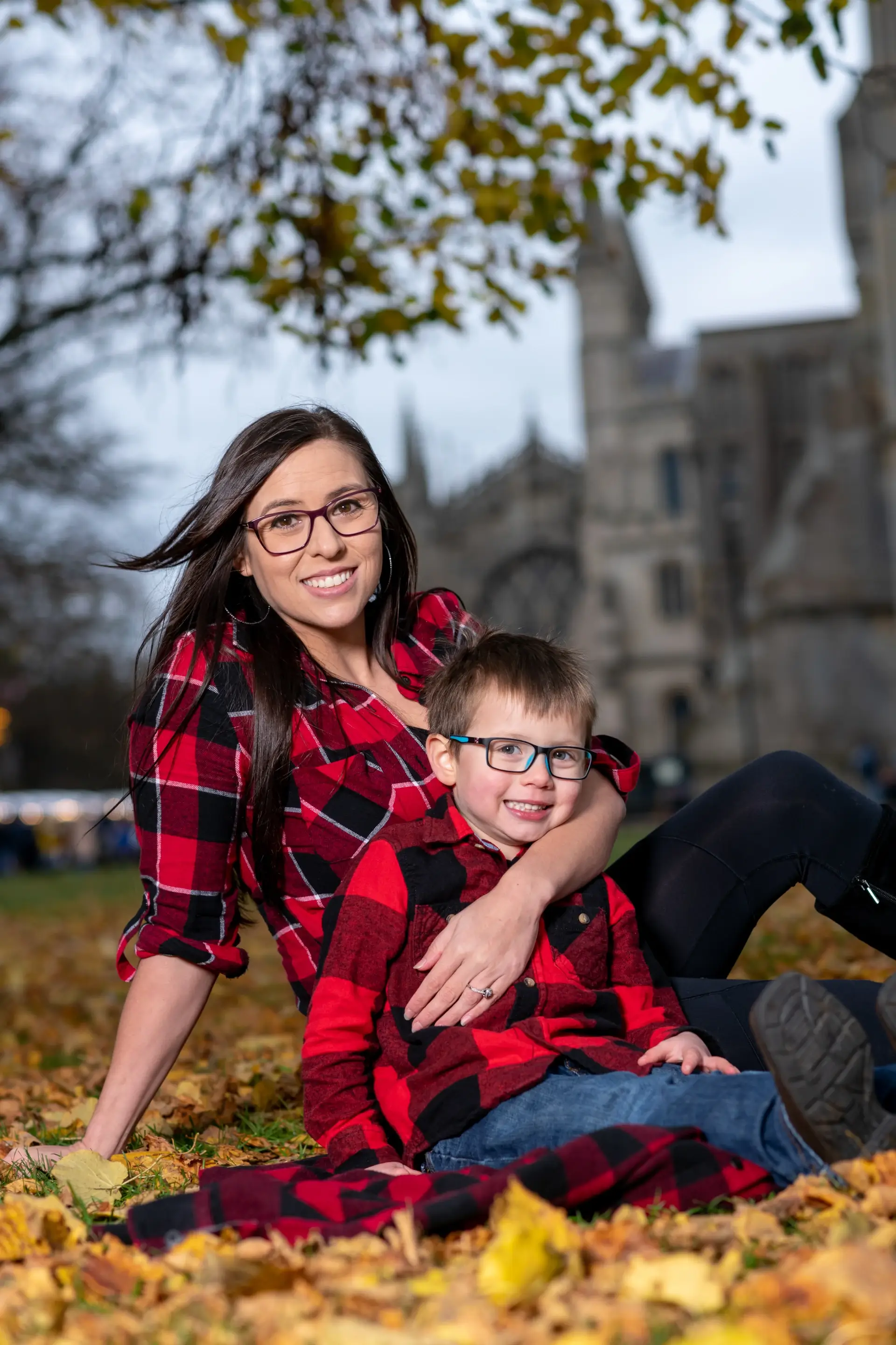 Mother and son portrait with cathedral background